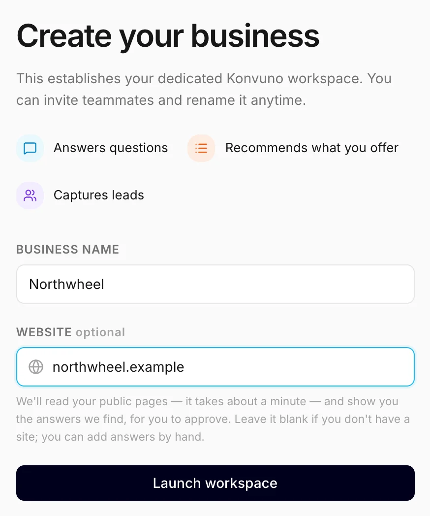 The create-your-business screen