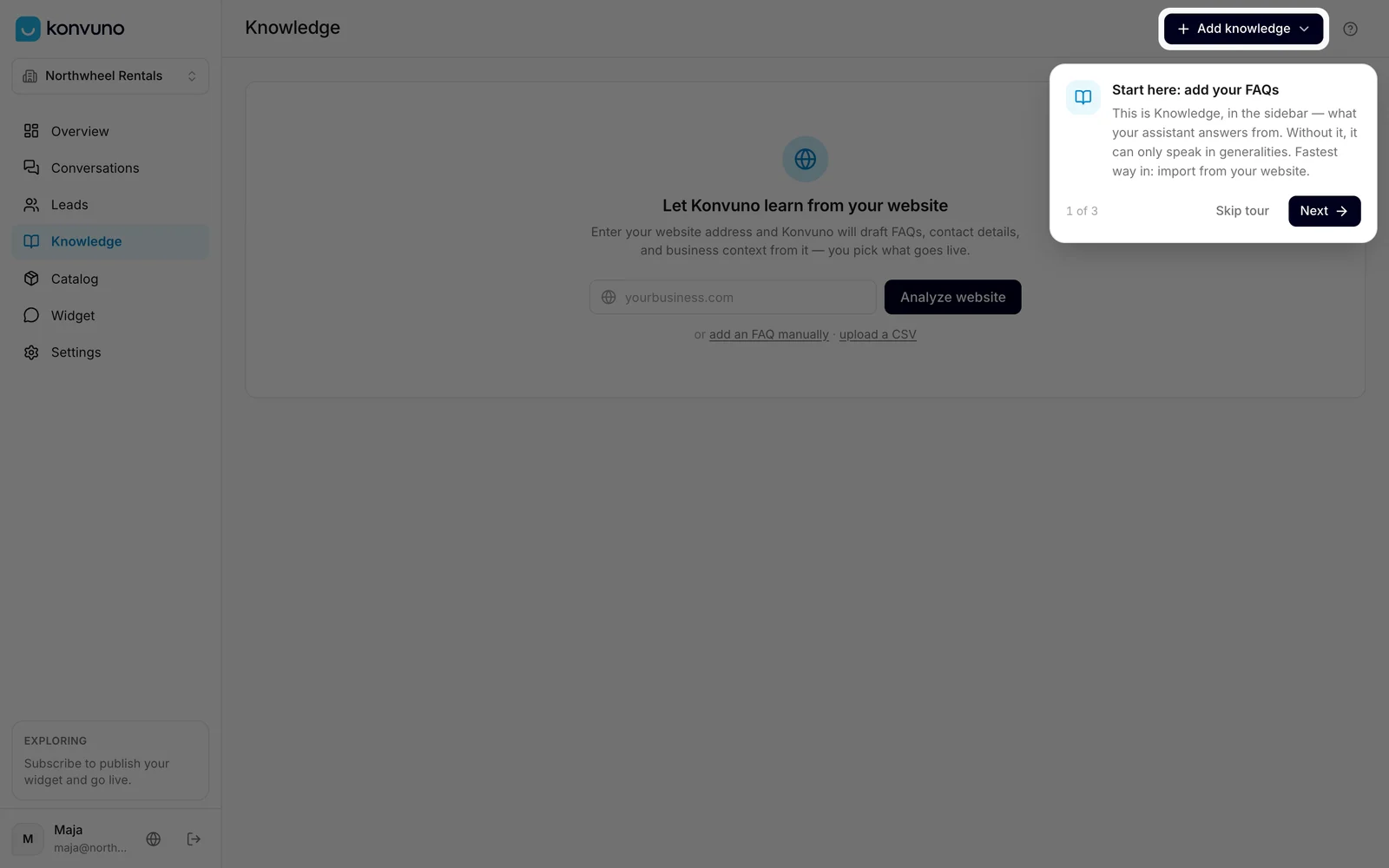 The first step of the tour, on the Knowledge screen
