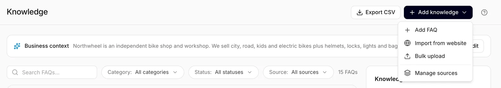 The Add knowledge menu at the top of the screen