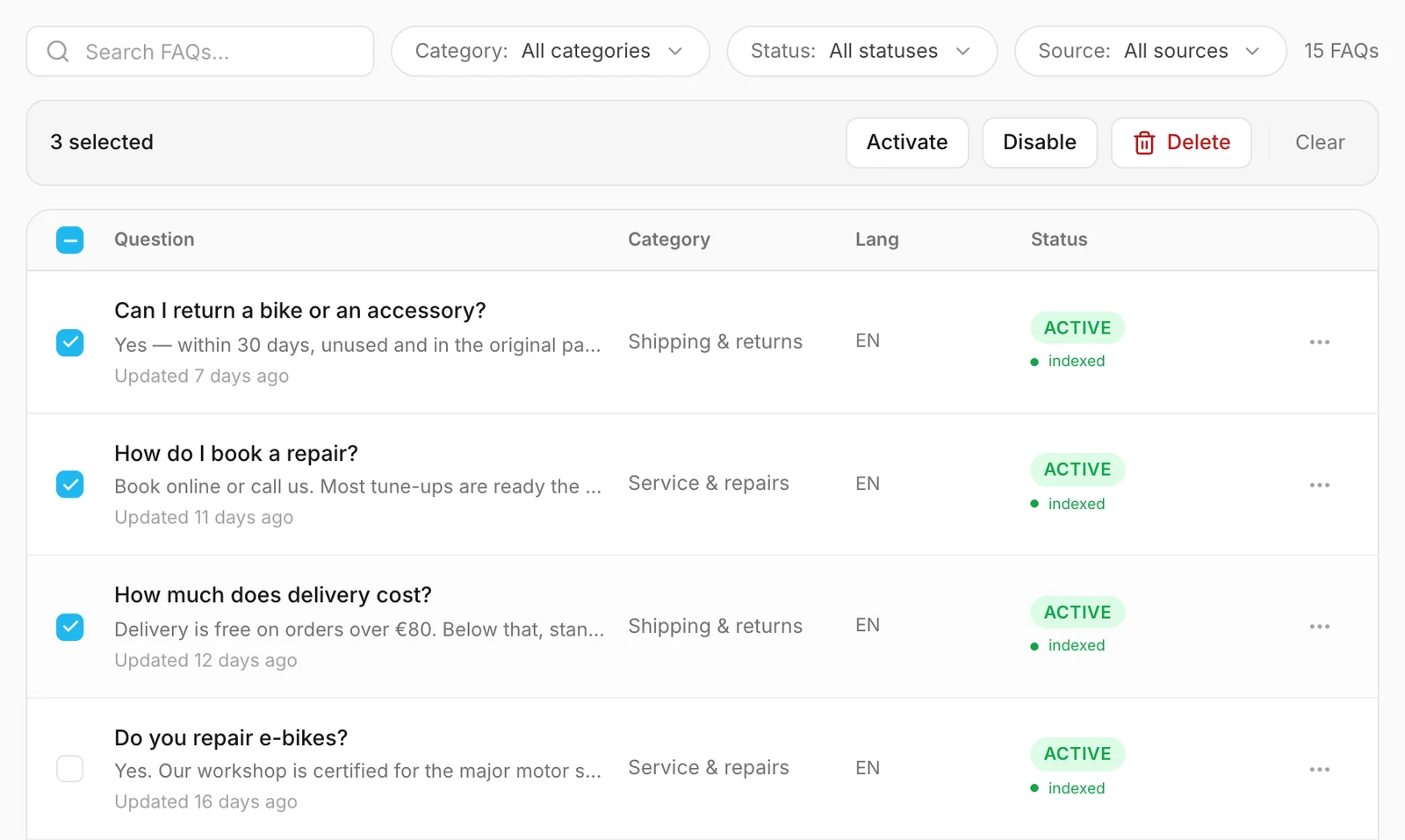 Three FAQs selected, with the actions for them above the list