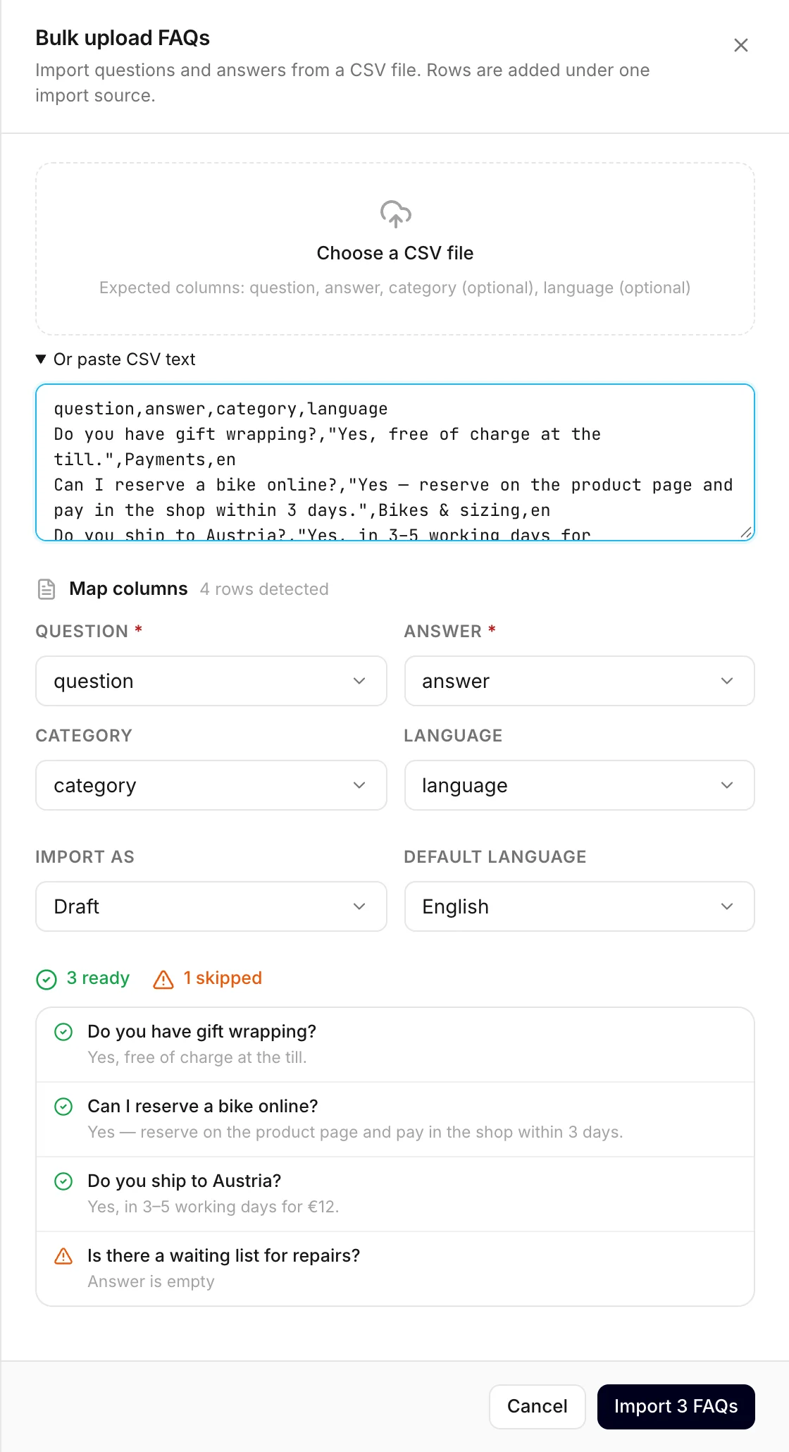 A pasted CSV, with the columns matched and a preview of the rows
