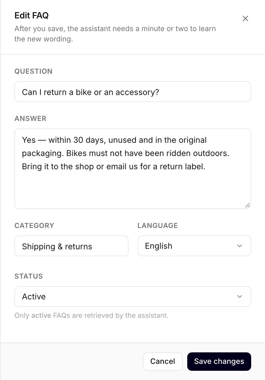 The FAQ form, here editing an existing FAQ