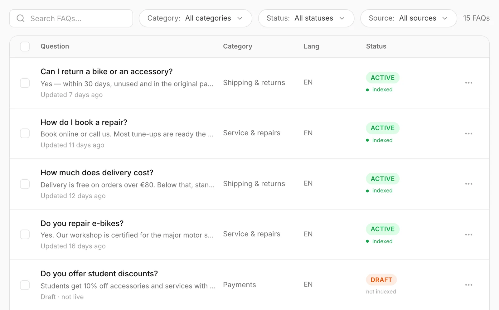 The FAQ list: status badges with the indexing line underneath