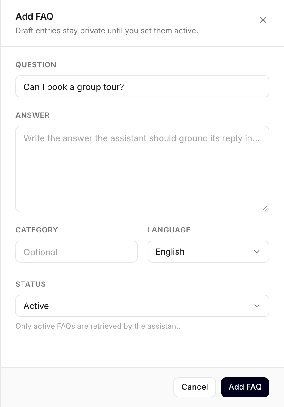 The FAQ form opened from a missing answer, with the question filled in