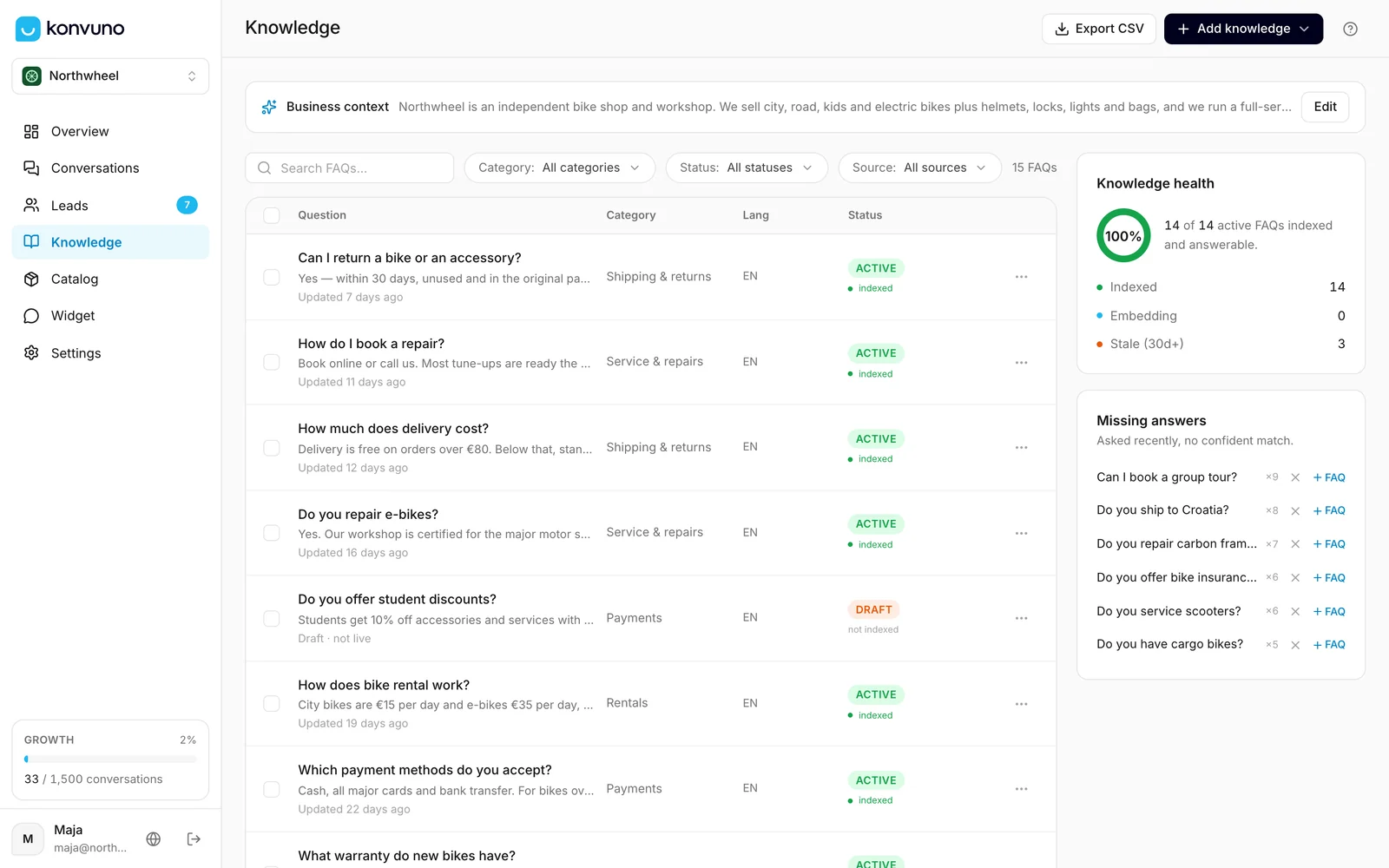 The Knowledge screen: your FAQs in the middle, knowledge health and missing answers on the right