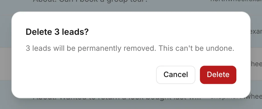 Konvuno asks before it deletes the selected leads
