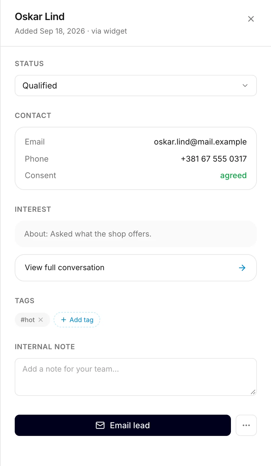 An open lead: status, contact details, what they asked, tags and an internal note