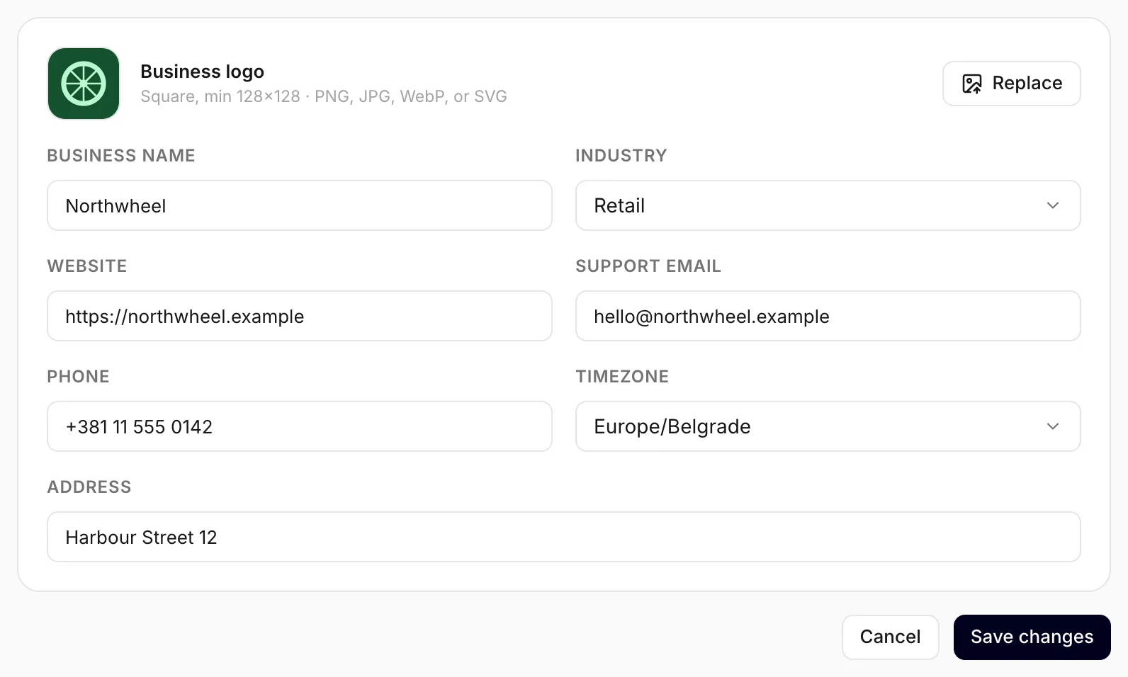 The business profile, with the Support email field