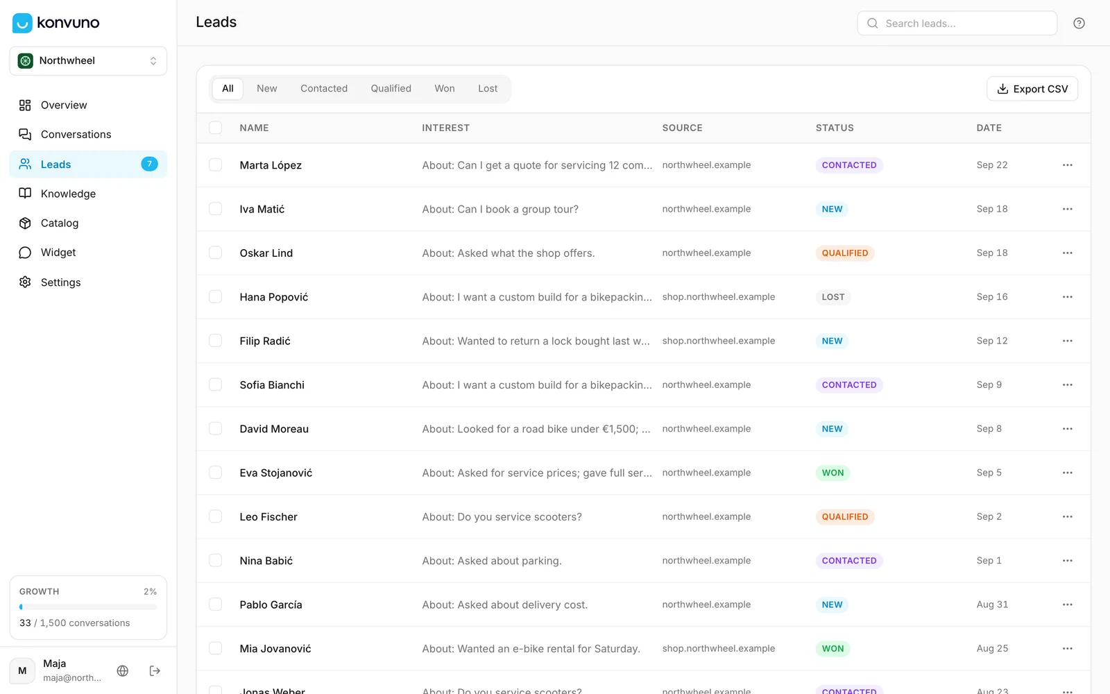 The Leads screen: status filters, the search box and the list of leads
