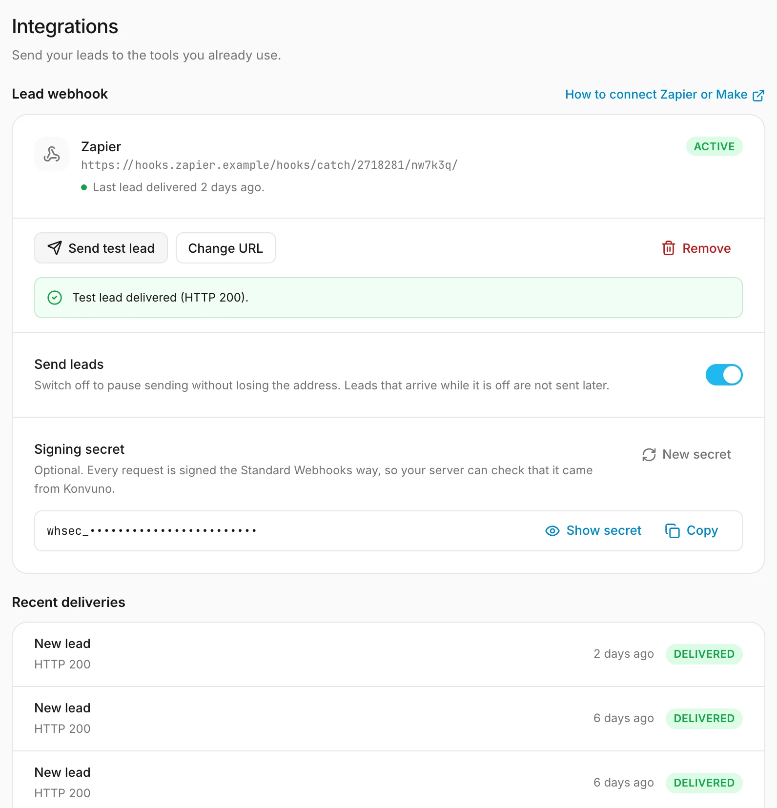 The webhook after a test lead: the address, its status and the recent deliveries