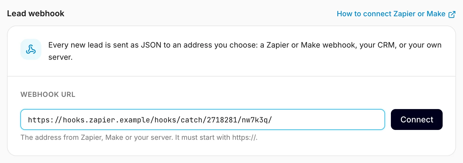 The Lead webhook card in Settings, with a Zapier address typed in