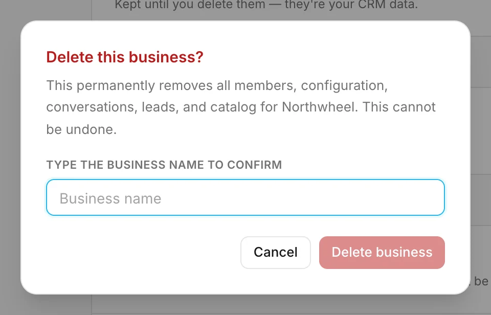 Confirming the deletion by typing the business name