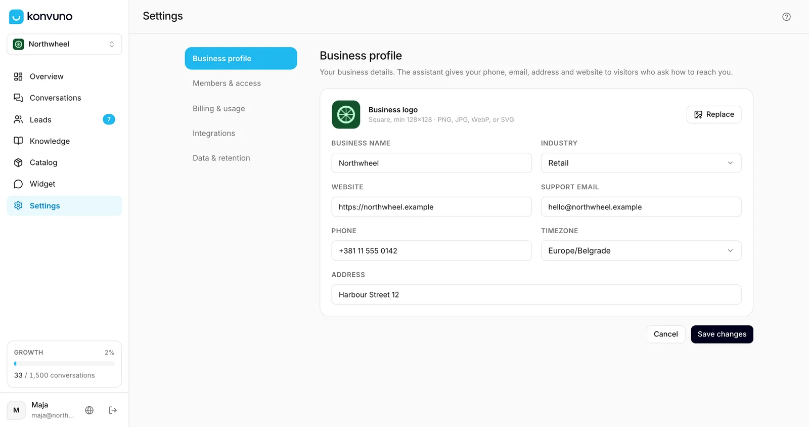 The Settings screen, open on the business profile