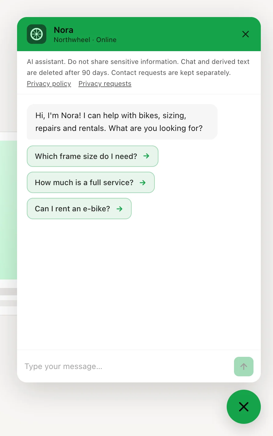 The open chat: header, privacy notice, welcome message and suggested questions