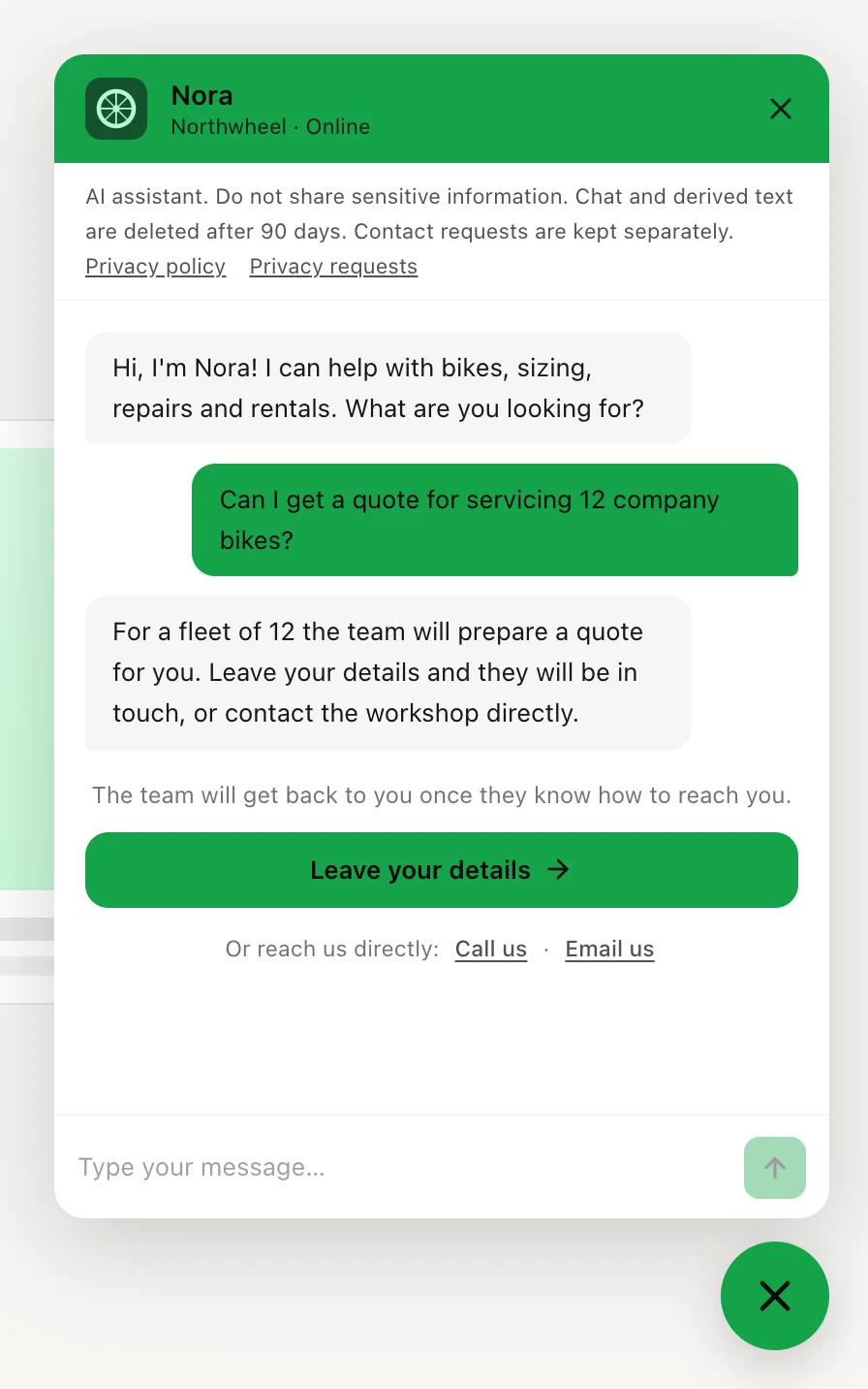 An answer that hands off, with the contact button and the direct contacts underneath