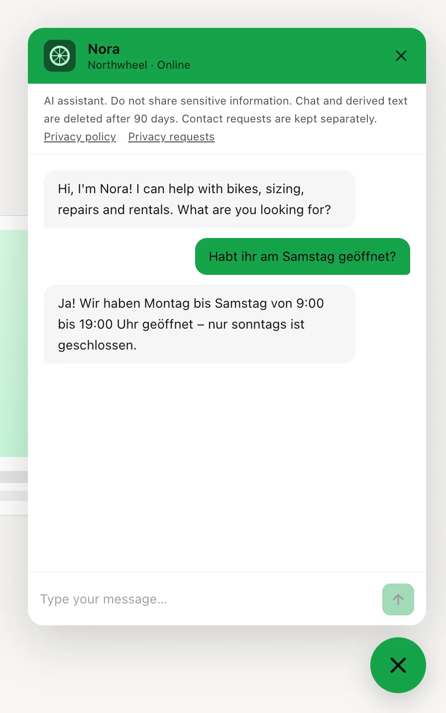 English buttons and notices, a visitor writing in German, and the answer in German
