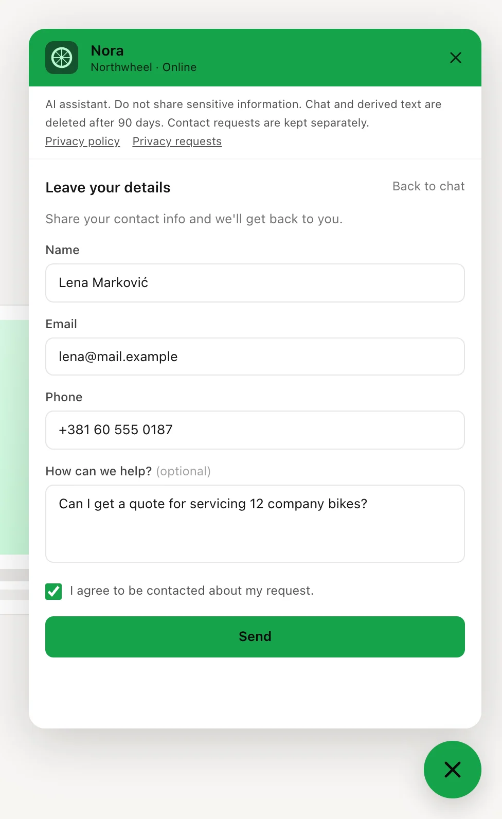 The contact form, filled in, with the consent checkbox ticked