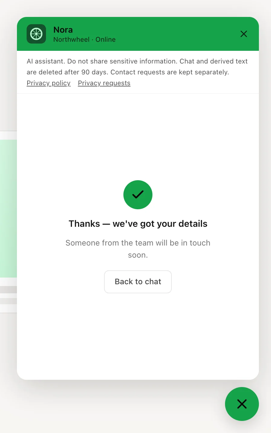 The confirmation after the contact form was sent