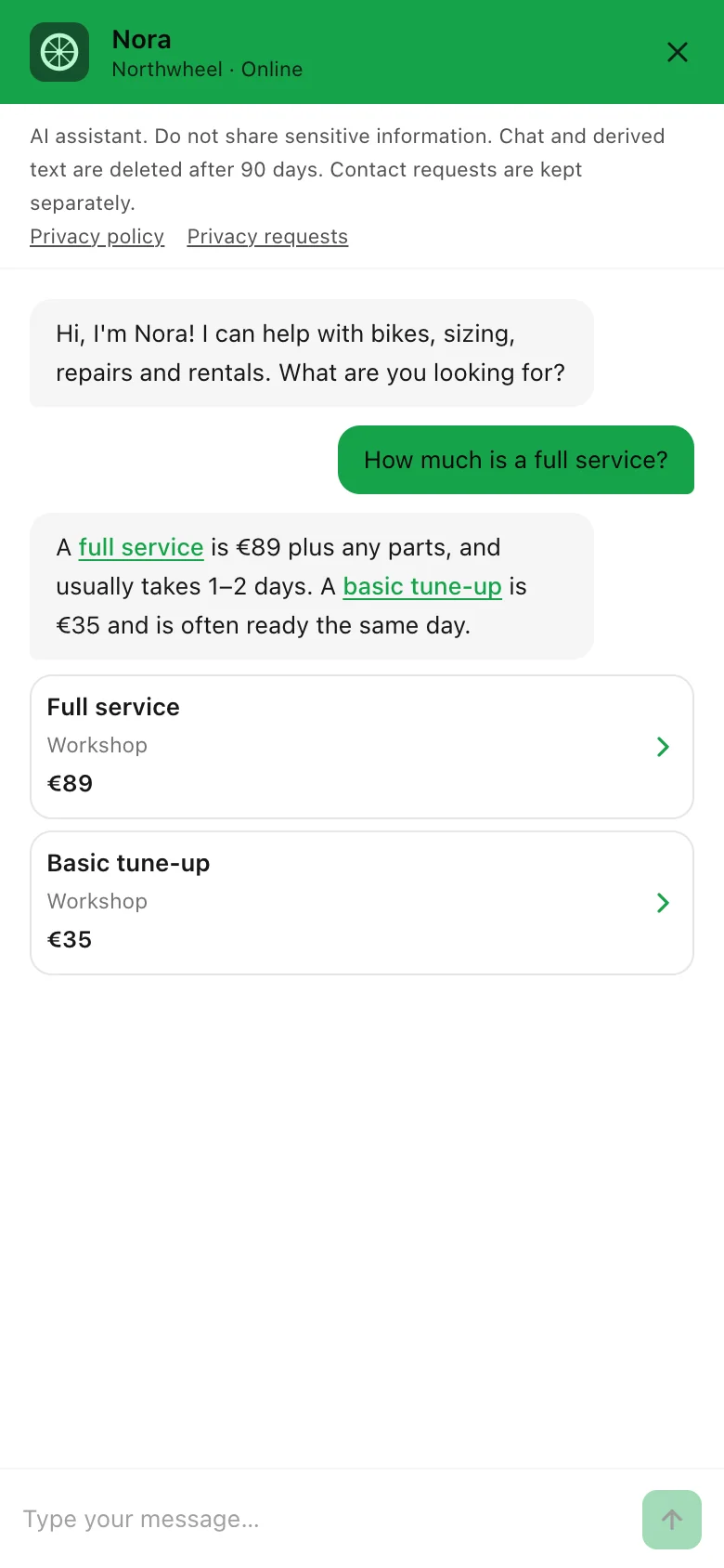The chat on a phone: full screen, with an answer and two service cards