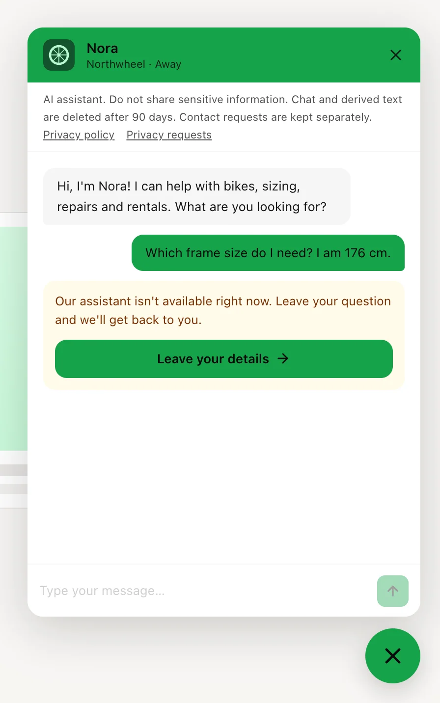 The chat paused: the unavailable notice with the contact button