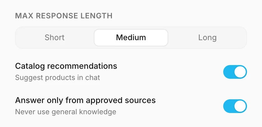 Response length, catalog recommendations and approved sources