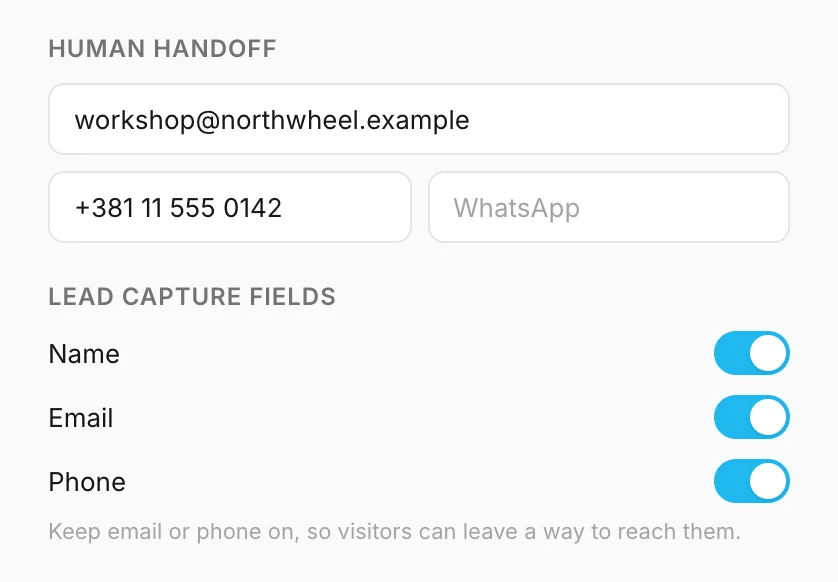 Human handoff and lead capture fields