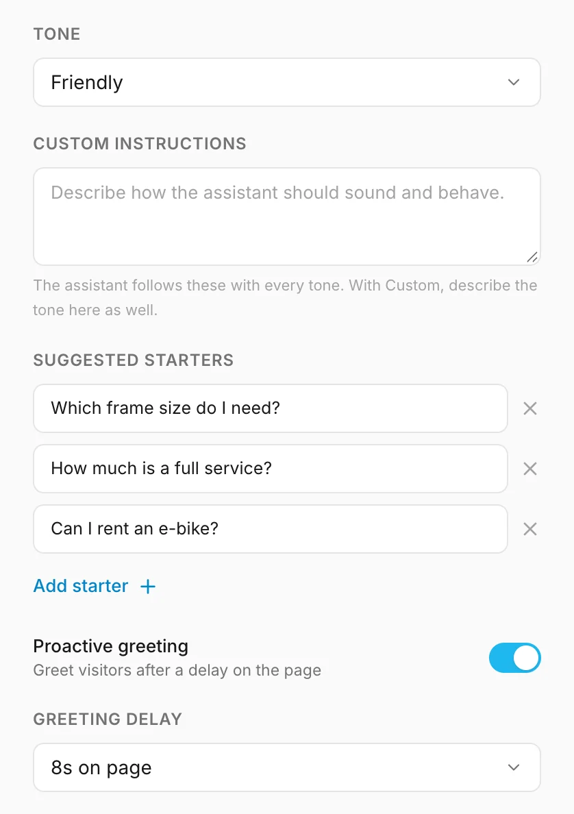 Tone, suggested starters and the proactive greeting