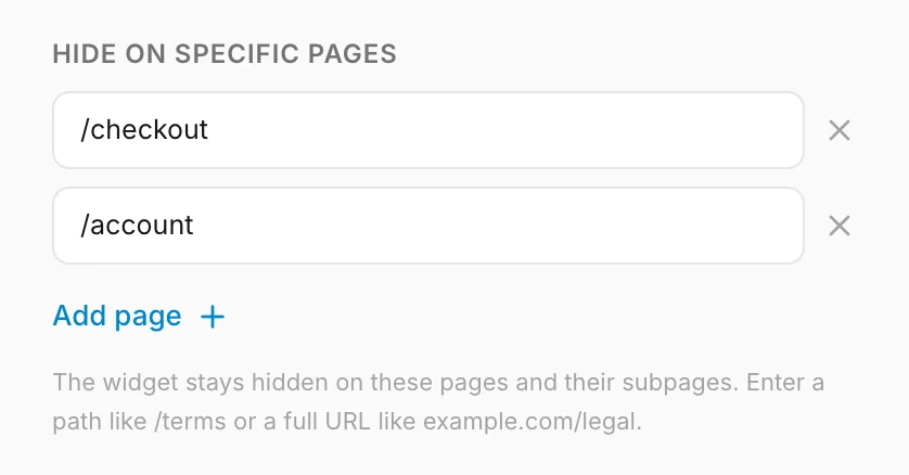 Pages where the widget stays hidden