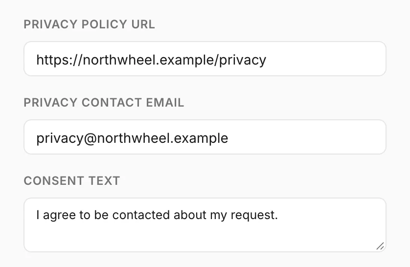 Privacy policy, privacy contact and consent text