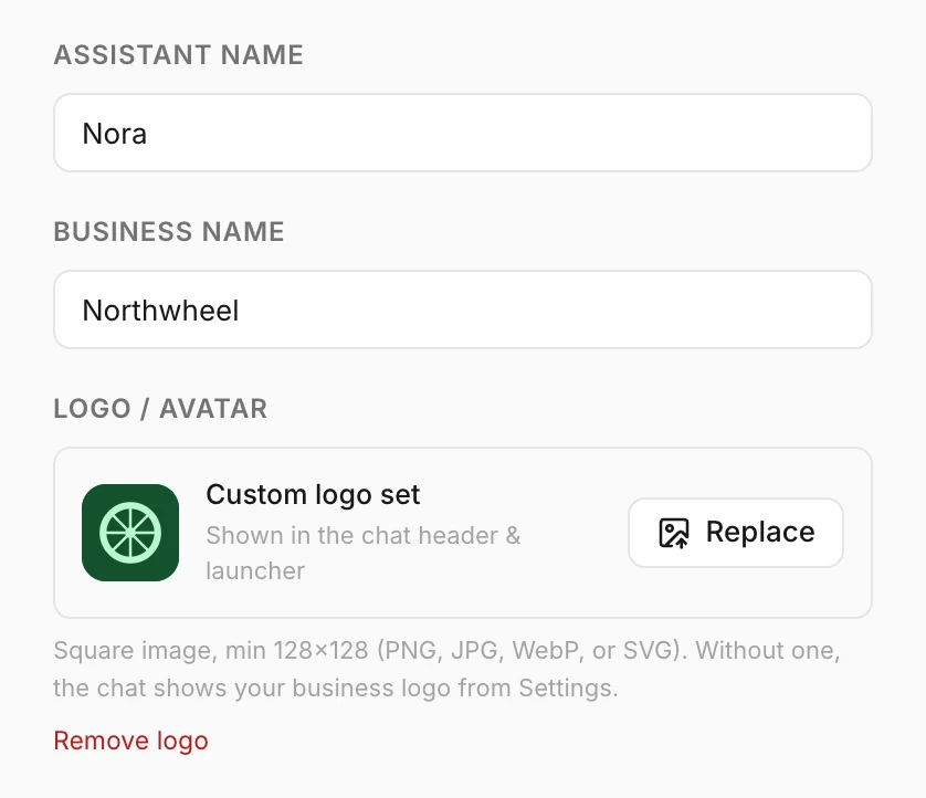 Assistant name, business name and logo on the Identity tab