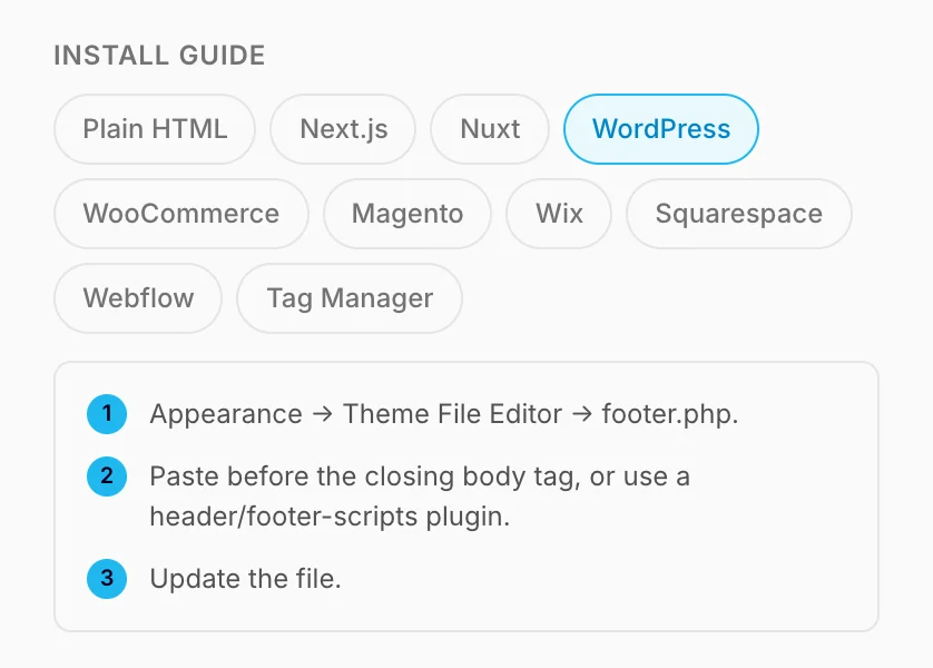 The install guide, showing the WordPress steps