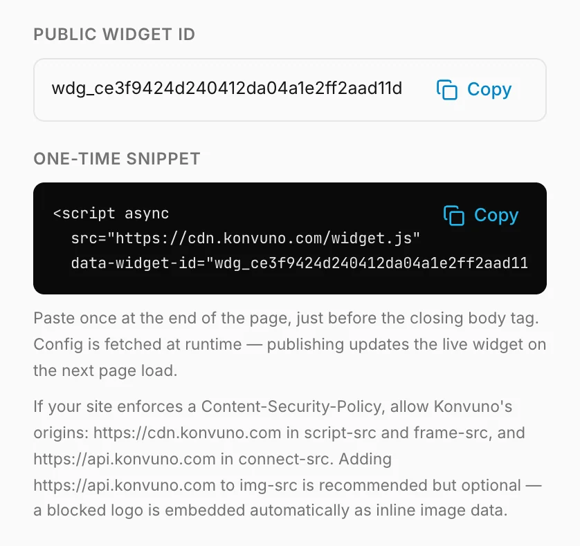 The widget ID and the snippet