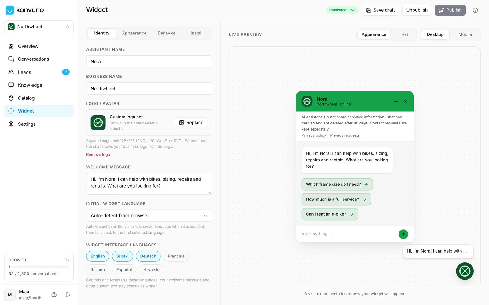 The Widget screen: settings on the left, a live preview on the right