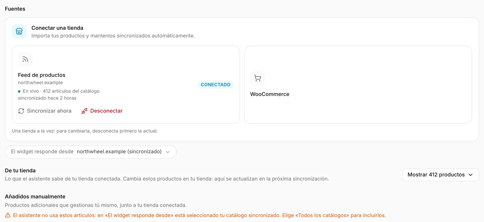 Un feed conectado, y de qué catálogo responde el asistente
