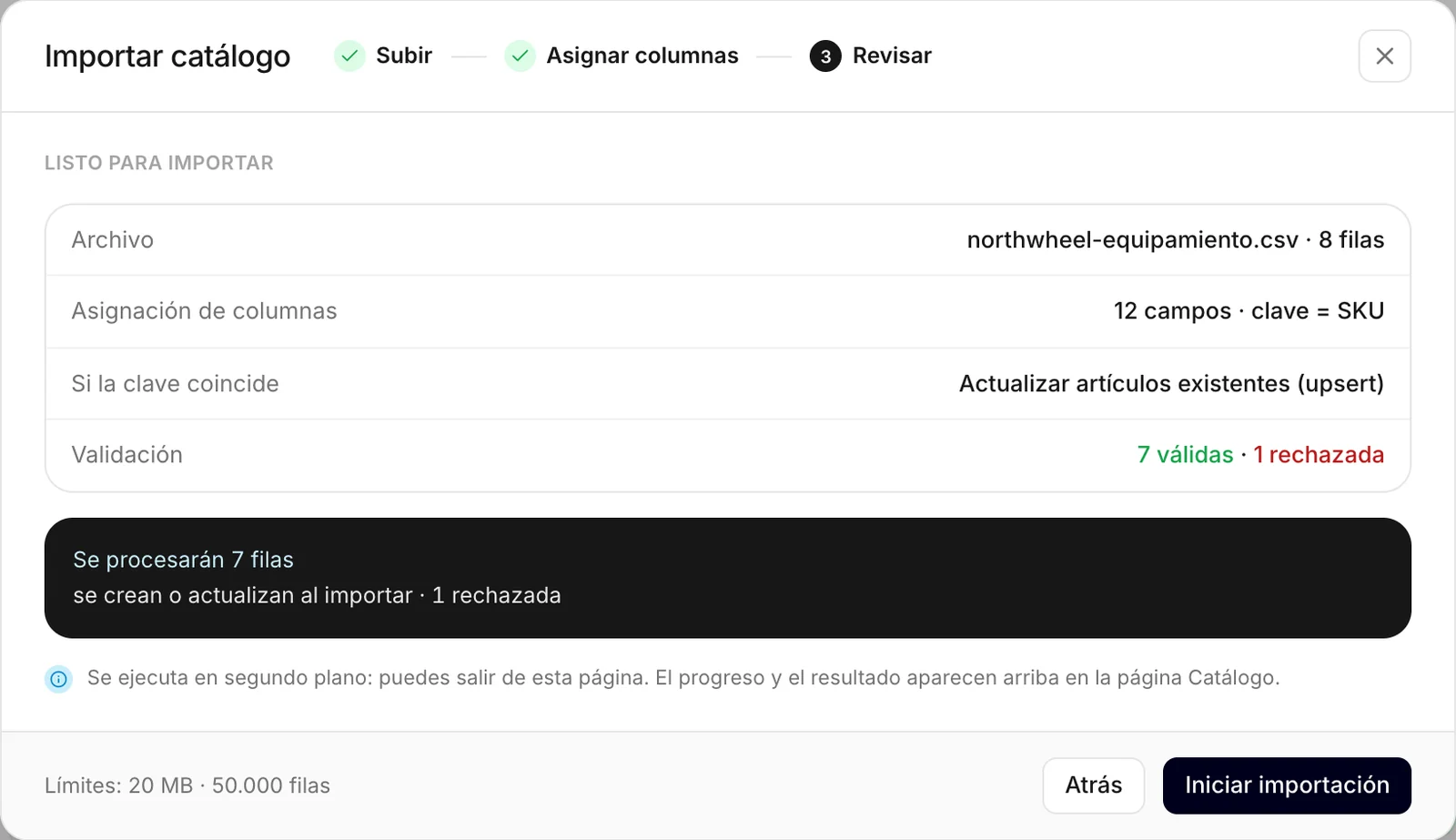 El resumen antes de que empiece la importación