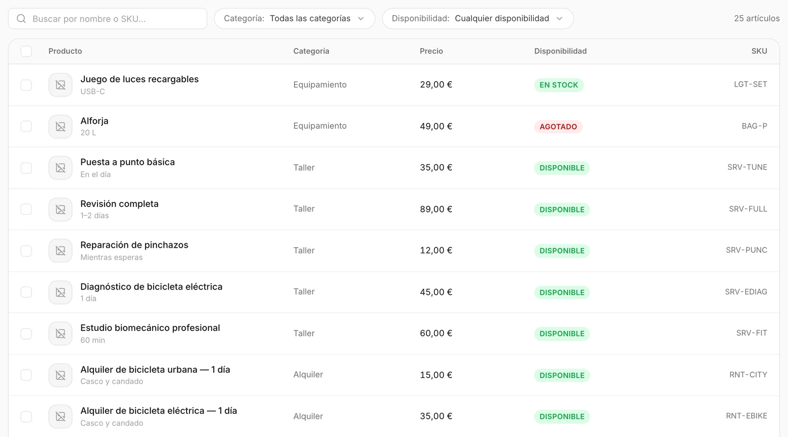 La lista de artículos con su buscador y sus filtros