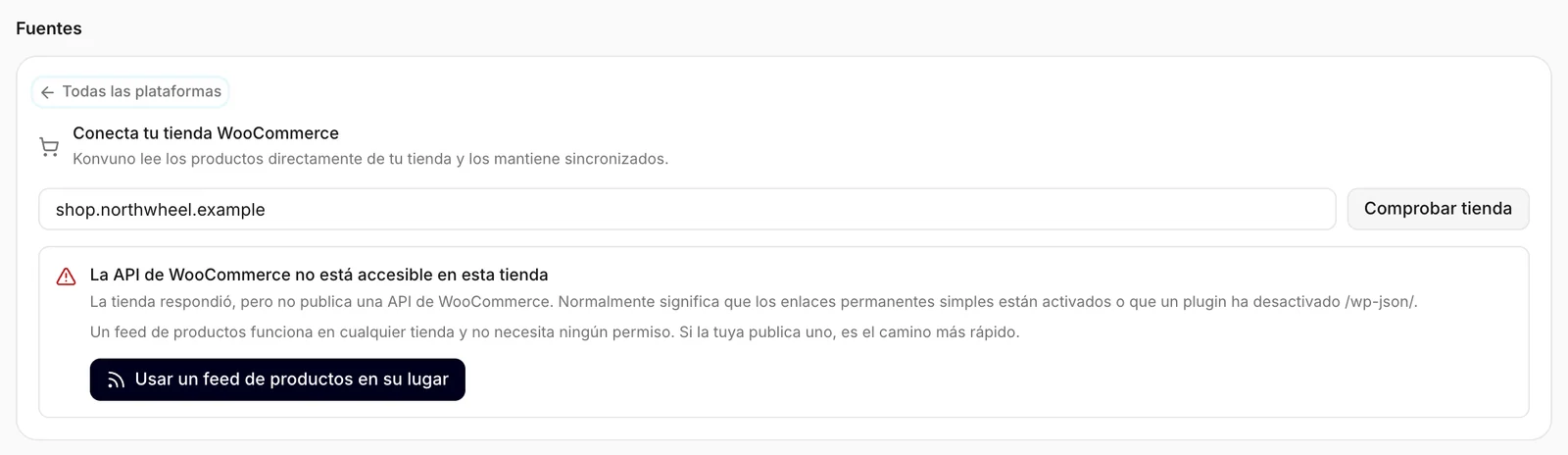 La comprobación no encontró la API de WooCommerce y ofrece un feed de productos
