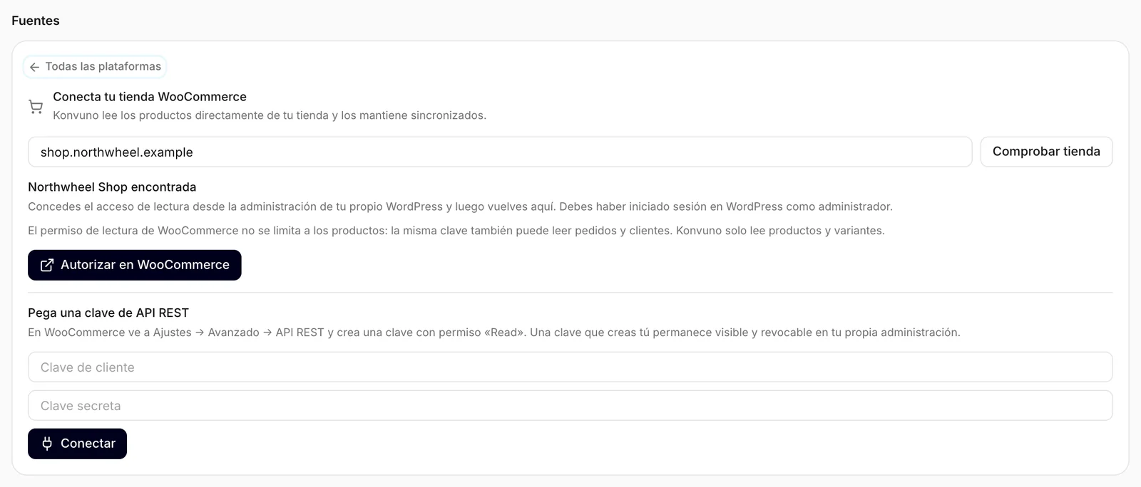 Una tienda encontrada, con la autorización en un clic y la opción de pegar una clave