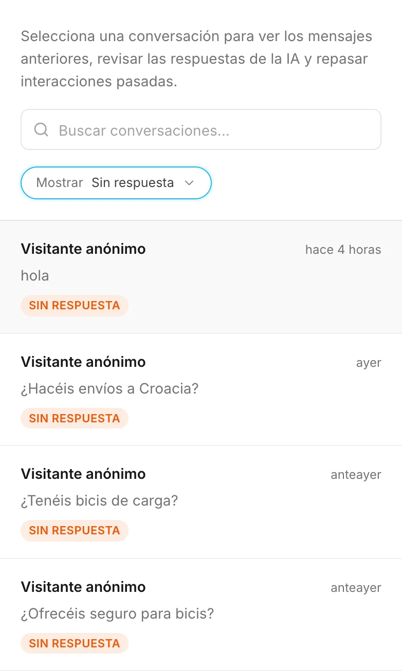 El filtro Sin respuesta: saludos y preguntas que el asistente no pudo responder