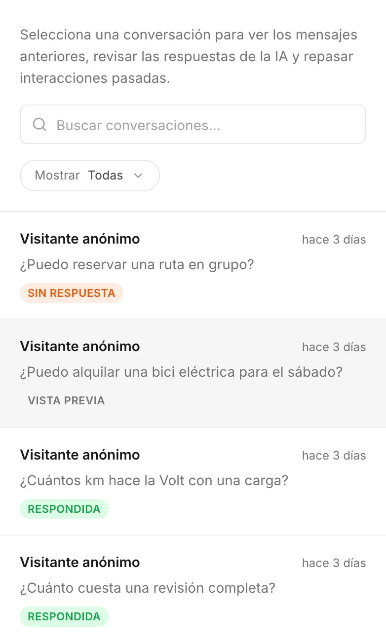 Etiquetas en la lista: una respondida, un chat de prueba y tráfico automatizado