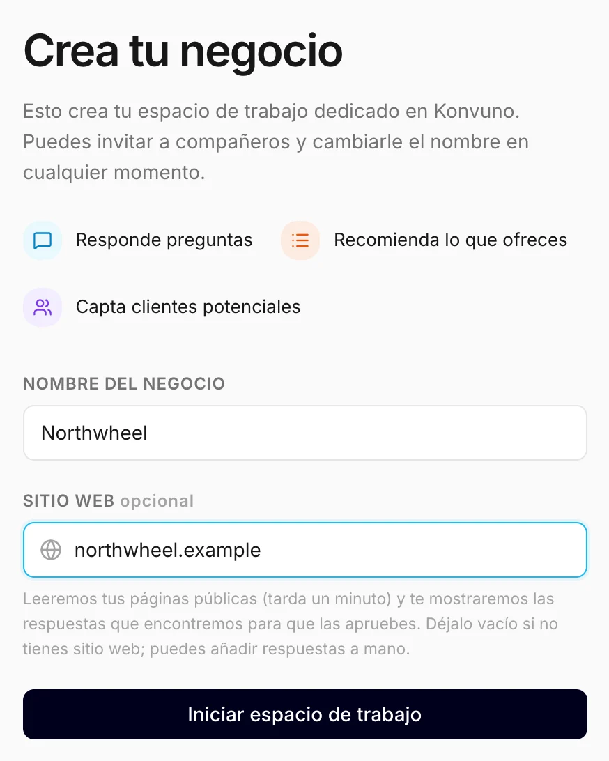 La pantalla para crear tu negocio