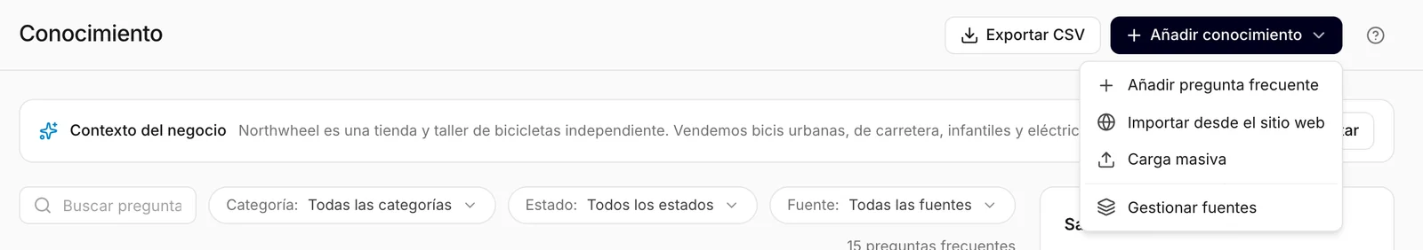 El menú para añadir conocimiento, en la parte superior de la pantalla