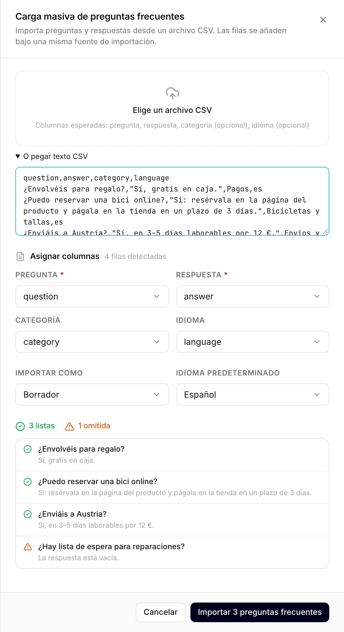 Un CSV pegado, con las columnas asignadas y una vista previa de las filas