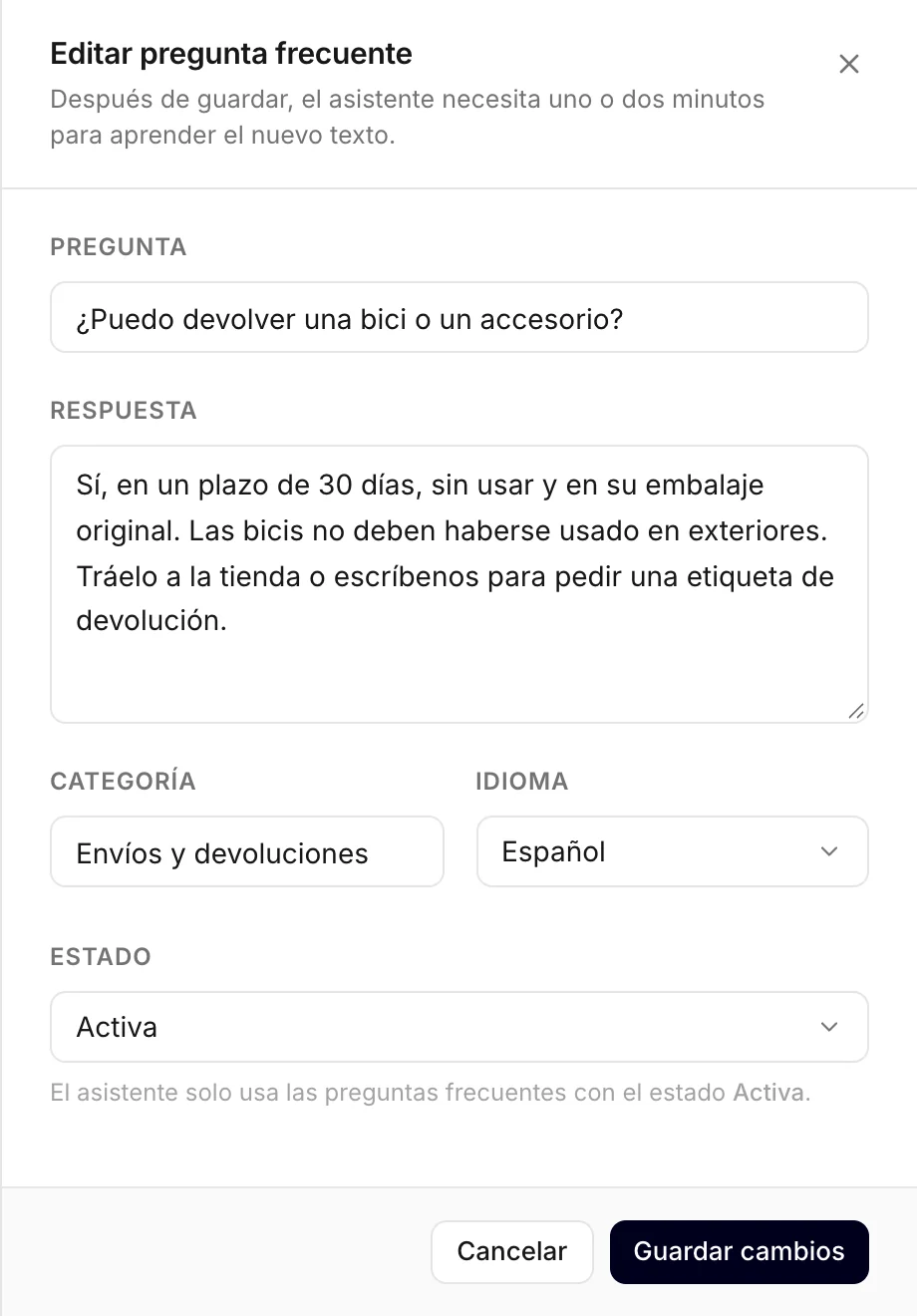 El formulario de pregunta frecuente, aquí editando una ya existente