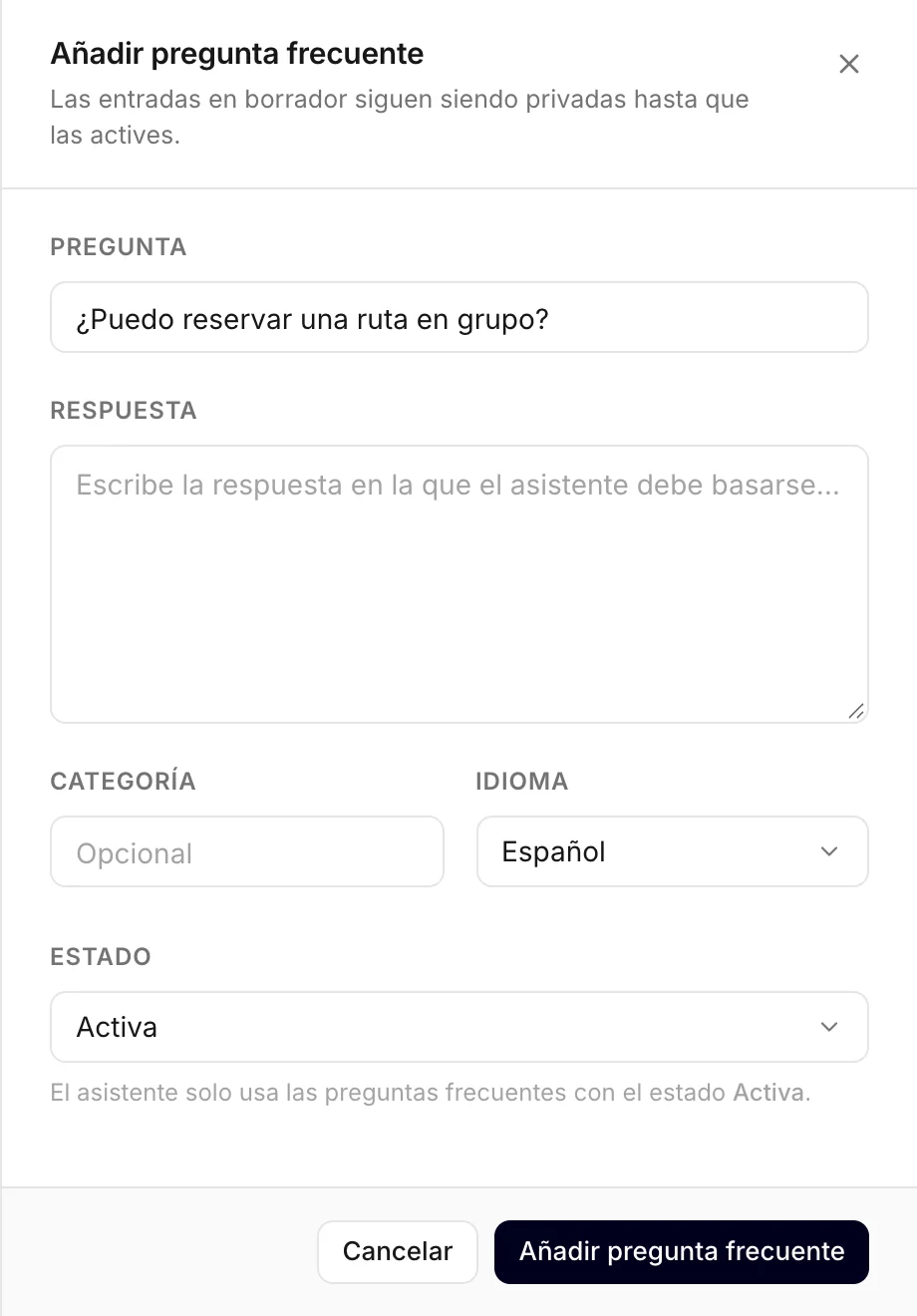 El formulario de pregunta frecuente abierto desde una respuesta faltante, con la pregunta ya escrita