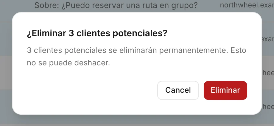Konvuno pregunta antes de eliminar los clientes potenciales seleccionados
