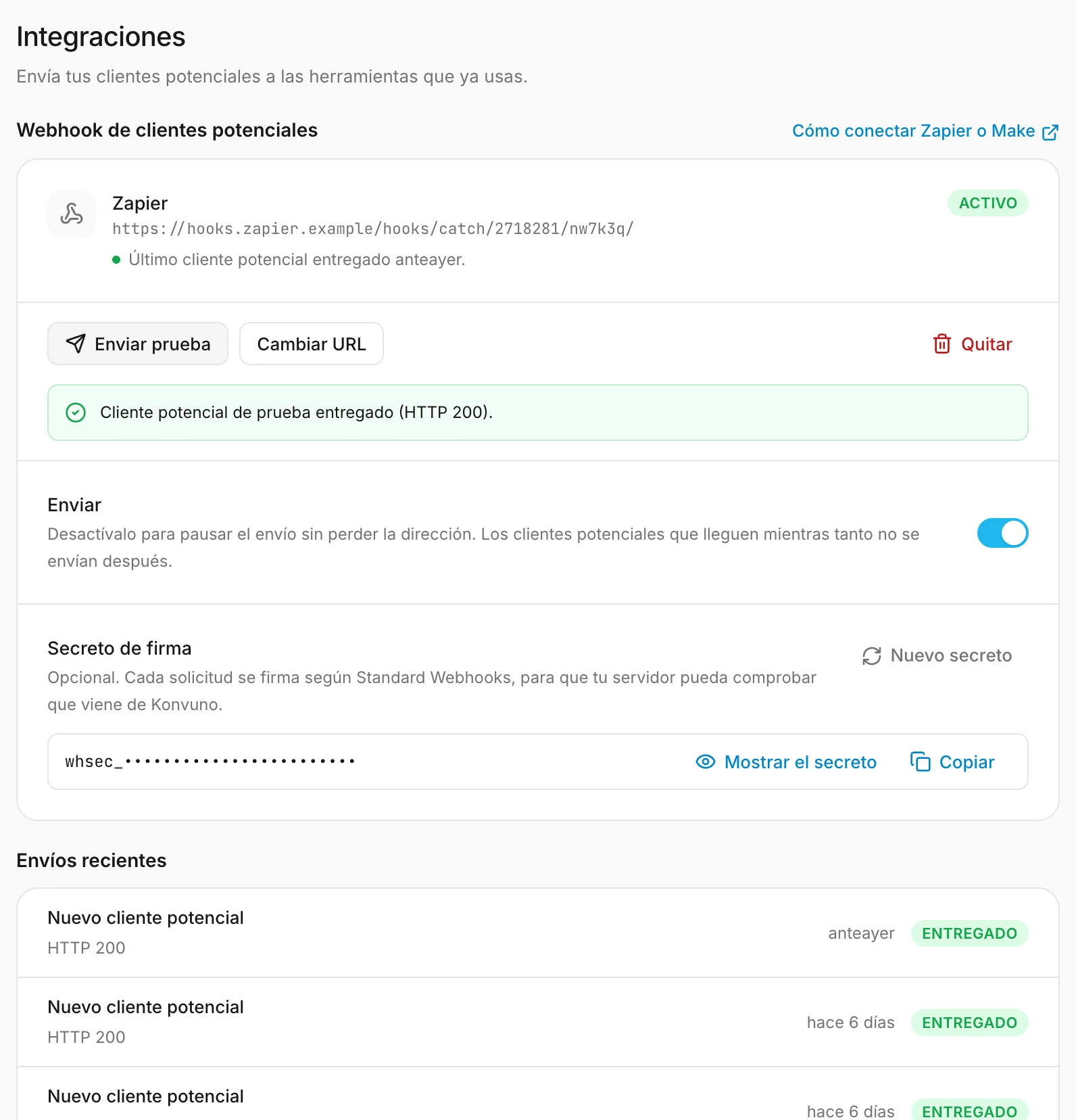 El webhook después de un cliente potencial de prueba: la dirección, su estado y los envíos recientes