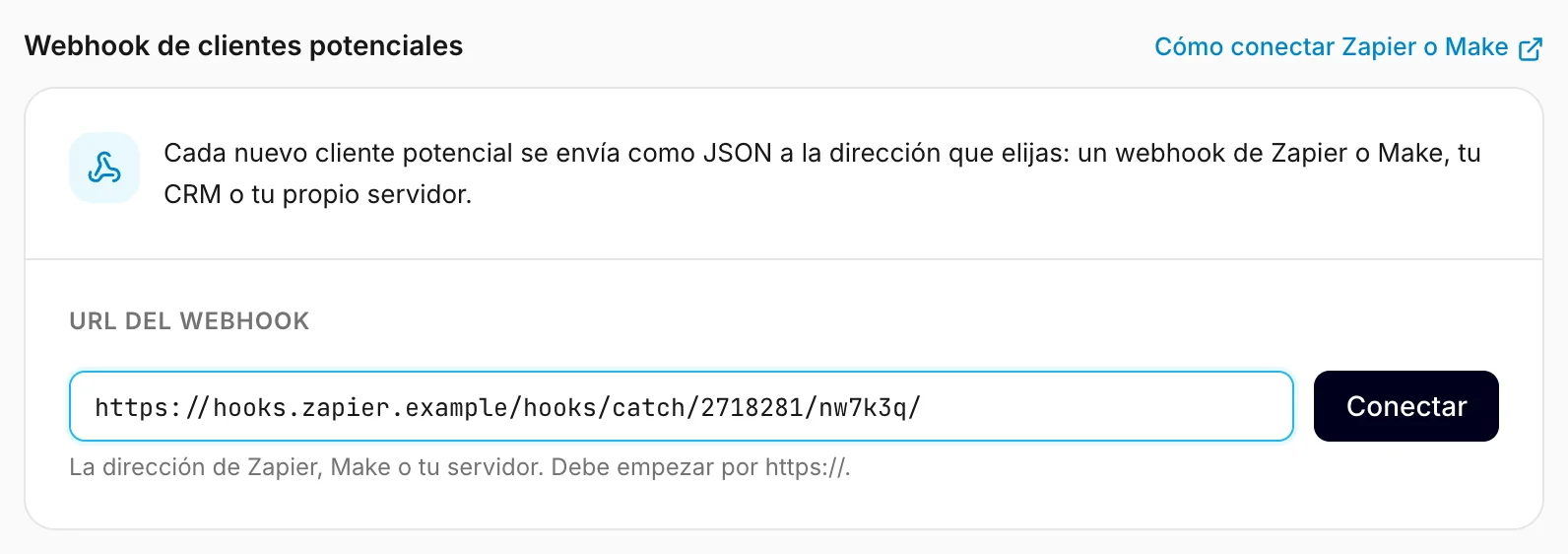 La tarjeta del webhook en Ajustes, con una dirección de Zapier escrita