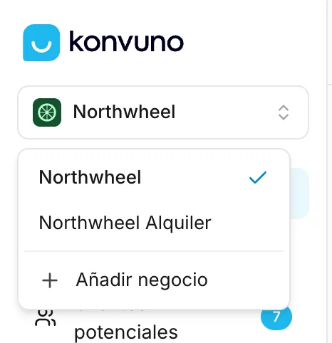El selector de negocios en la parte superior de la barra lateral