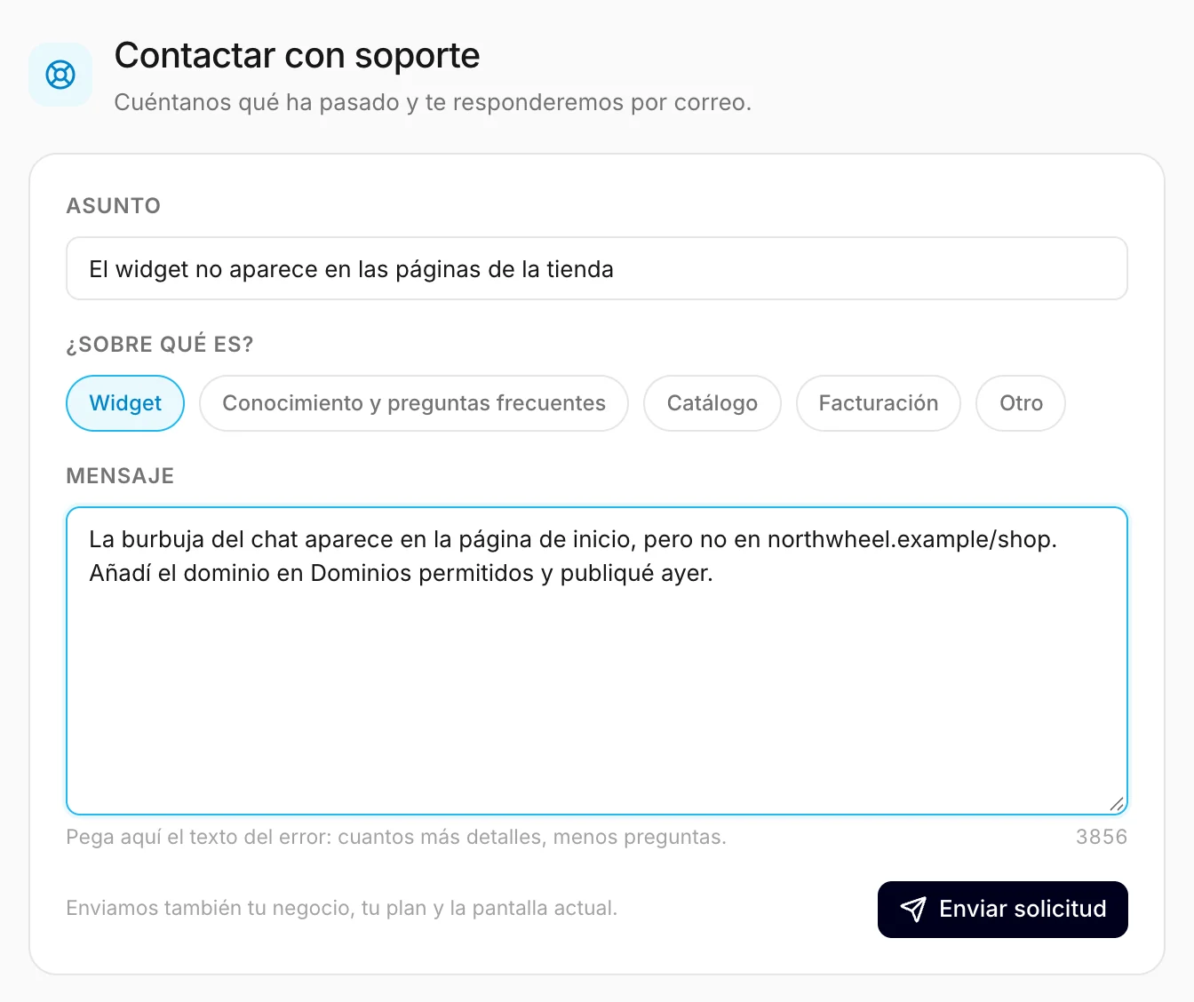 El formulario de soporte